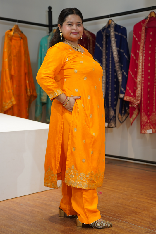 Suvarna Mustard Jacquard Silk Suit