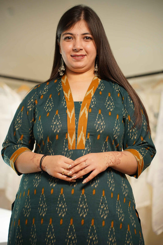 Emerald Amber Ikat Printed Cotton Afghani Suit