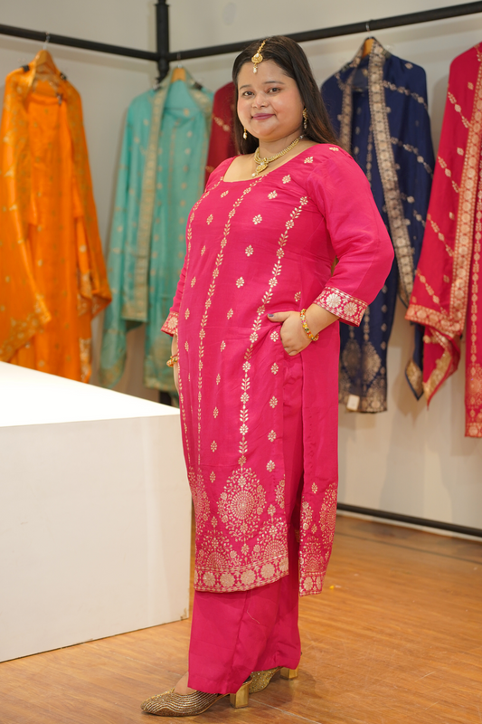 Varnika Pink Jacquard Silk Suit
