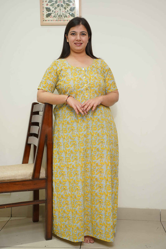 Yellow Floral Cotton Night Gown