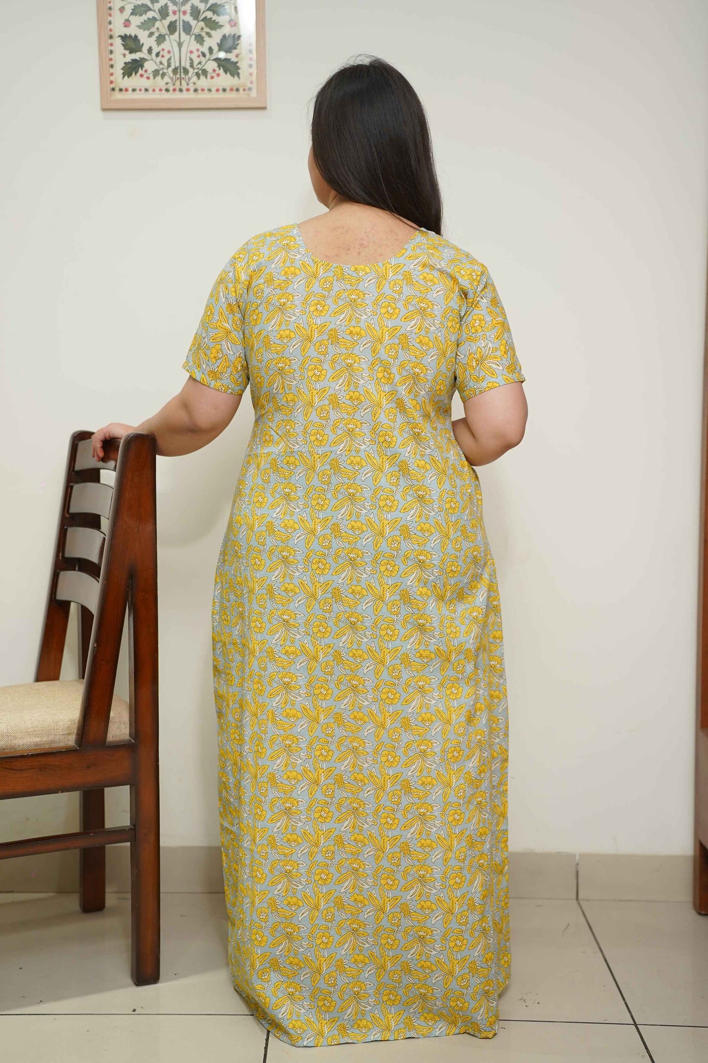Yellow Floral Cotton Night Gown