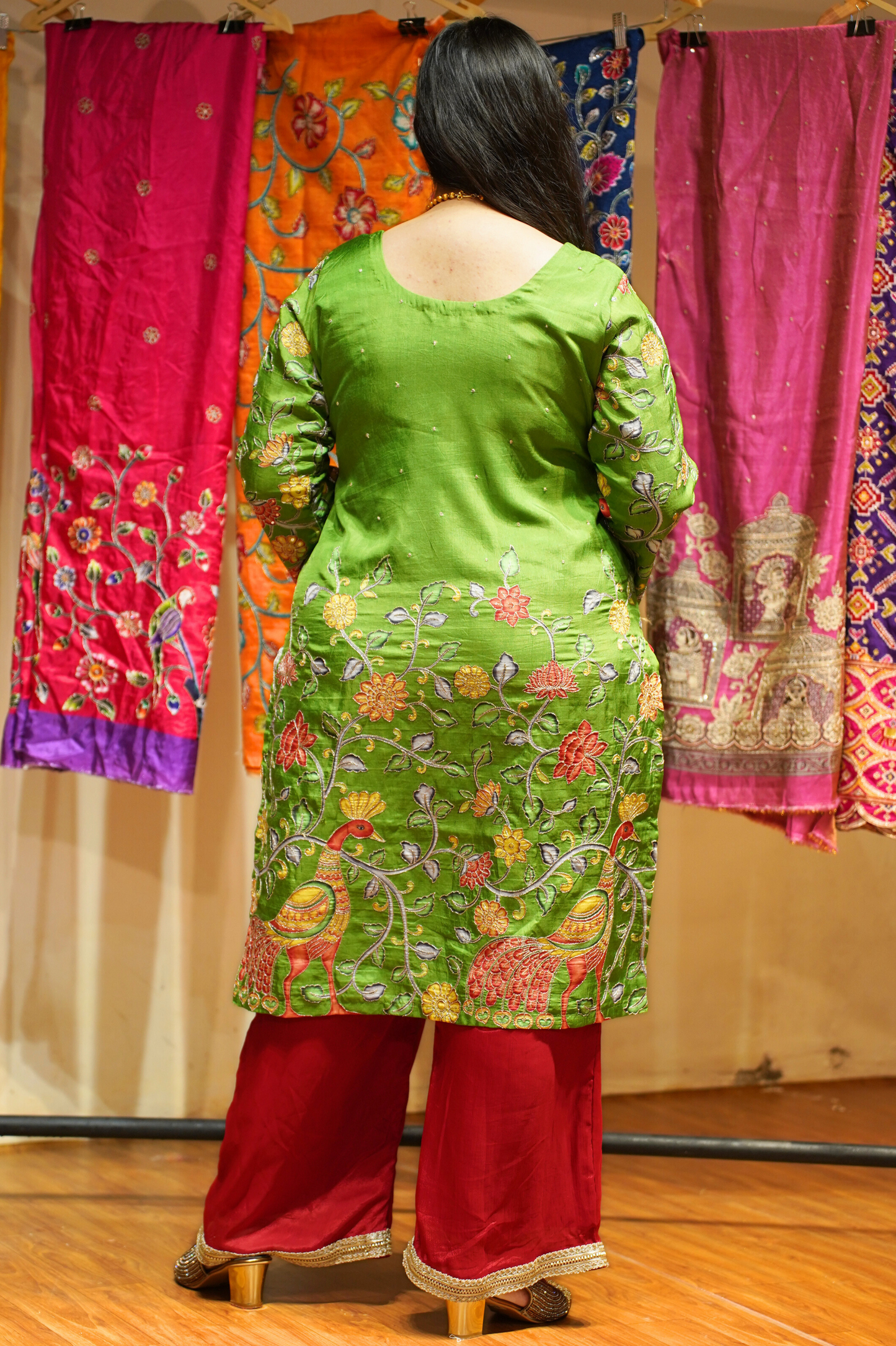 Yoshita Silk Suit Set with Peacock Motifs