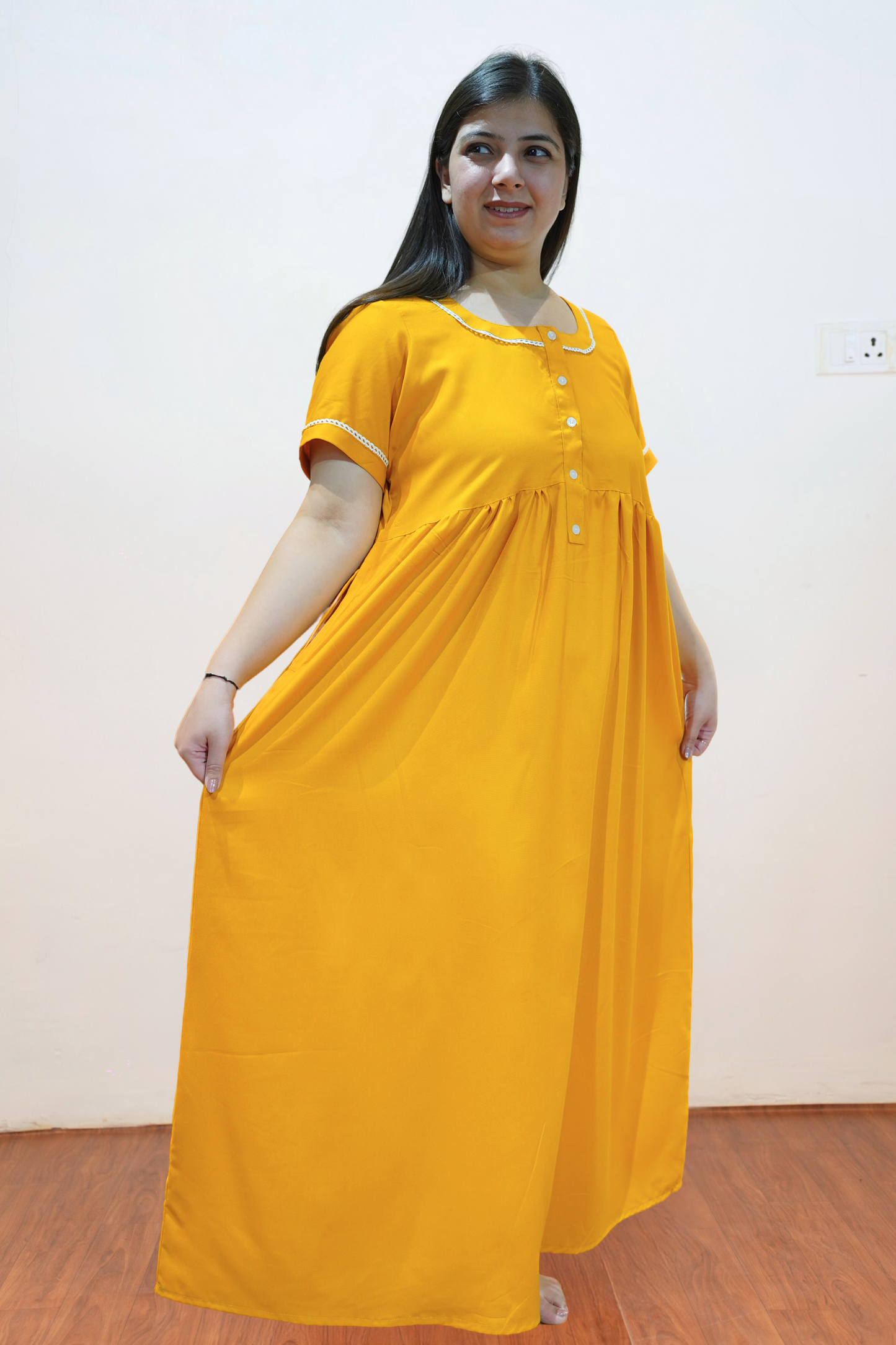 Solid Mustard Rayon Night Gown