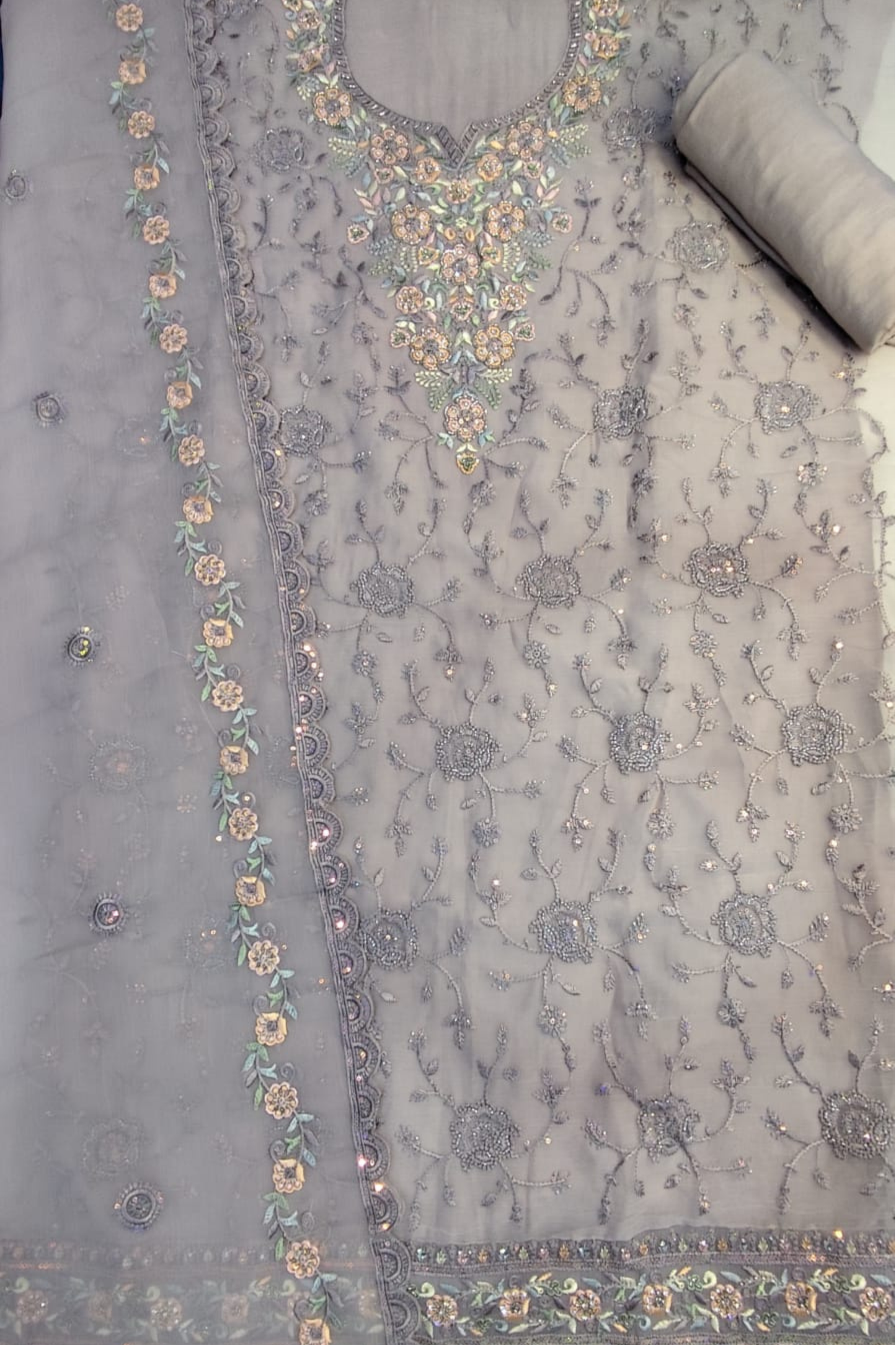 Grey Crushed Tissue Suit With Handwork
