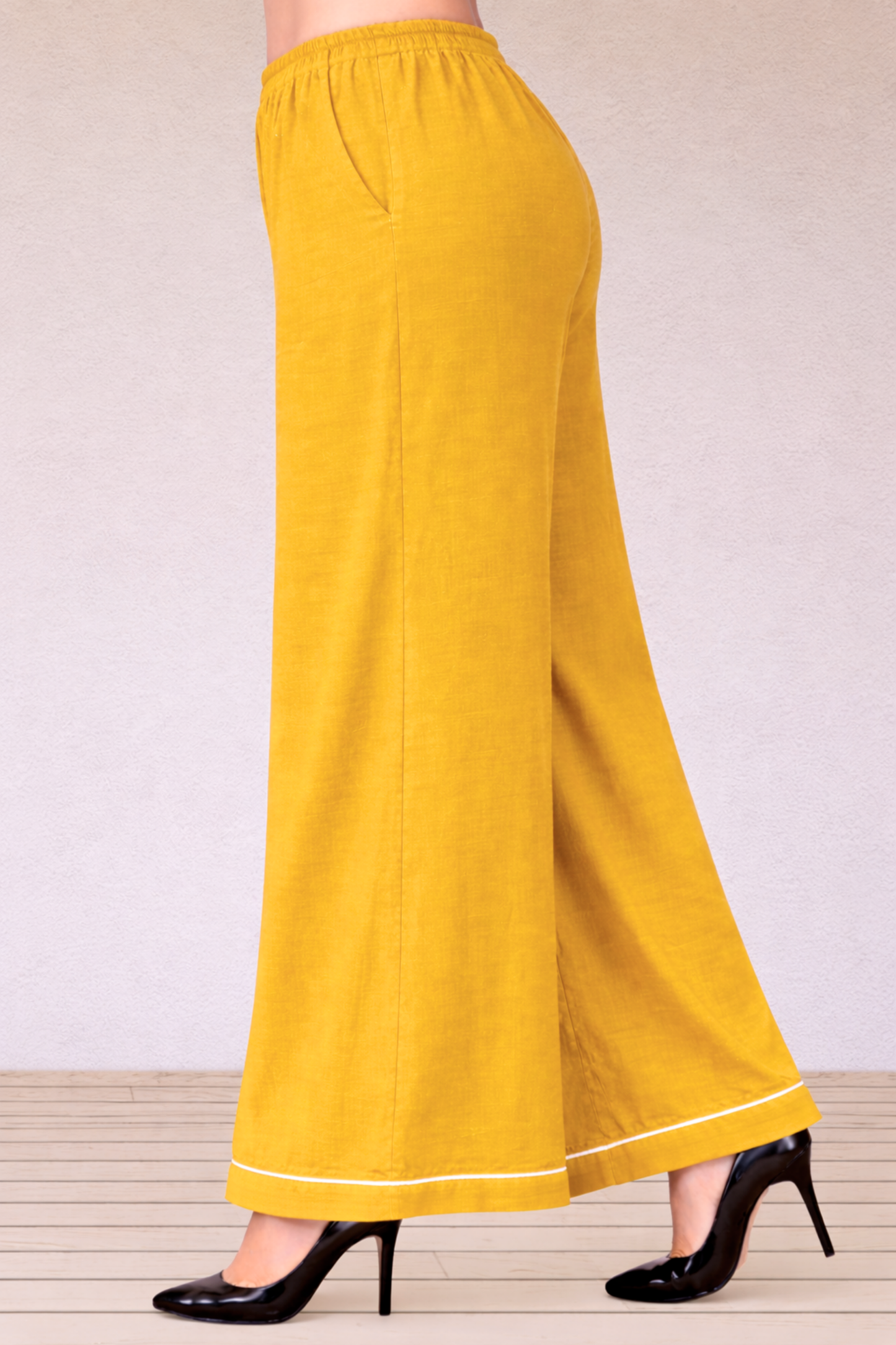 Yellow Detailed Hemline Rayon Palazzo
