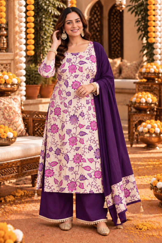 Ziya Ivory Silk Suit With Floral Motifs