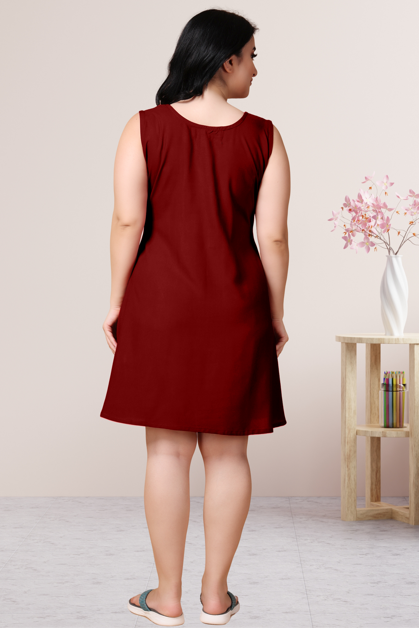 Maroon Detailed Rayon Short Nighty