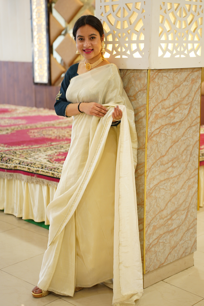 Pearl Gold Pre-Draped Silk Saree with Blouse