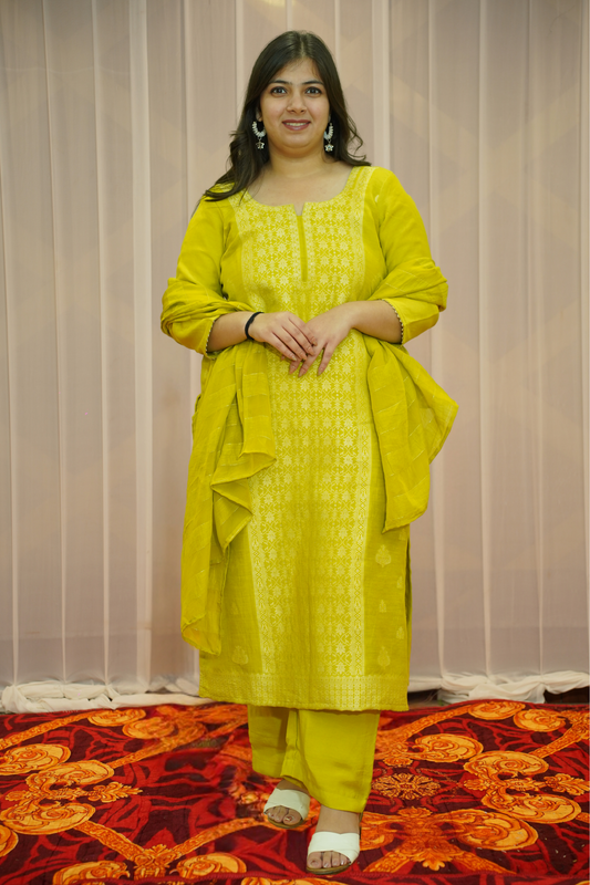 Mustard Olive Jacquard Linen Suit