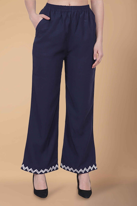 Buy Plus Size Navy Embellished Cotton Palazzo At Apella | Sizes XS to 10 XL | India | Free Delivery | Customized
