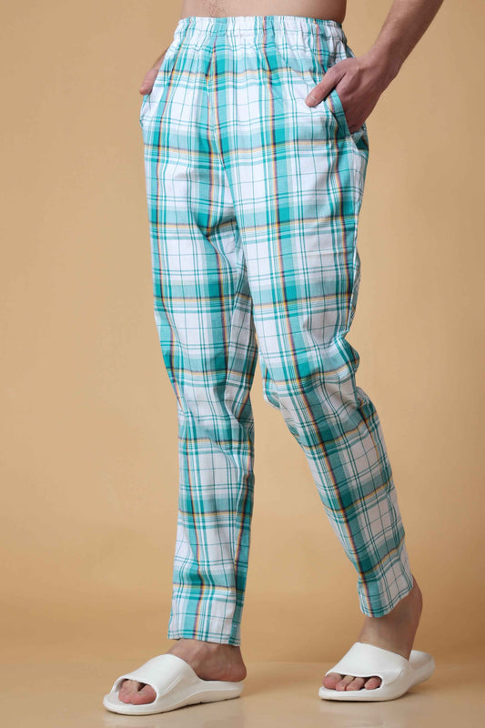 Buy Plus Size Summer Blue Checked Cotton Pajama At Apella | Sizes XS to 10 XL | India | Free Delivery | Customized