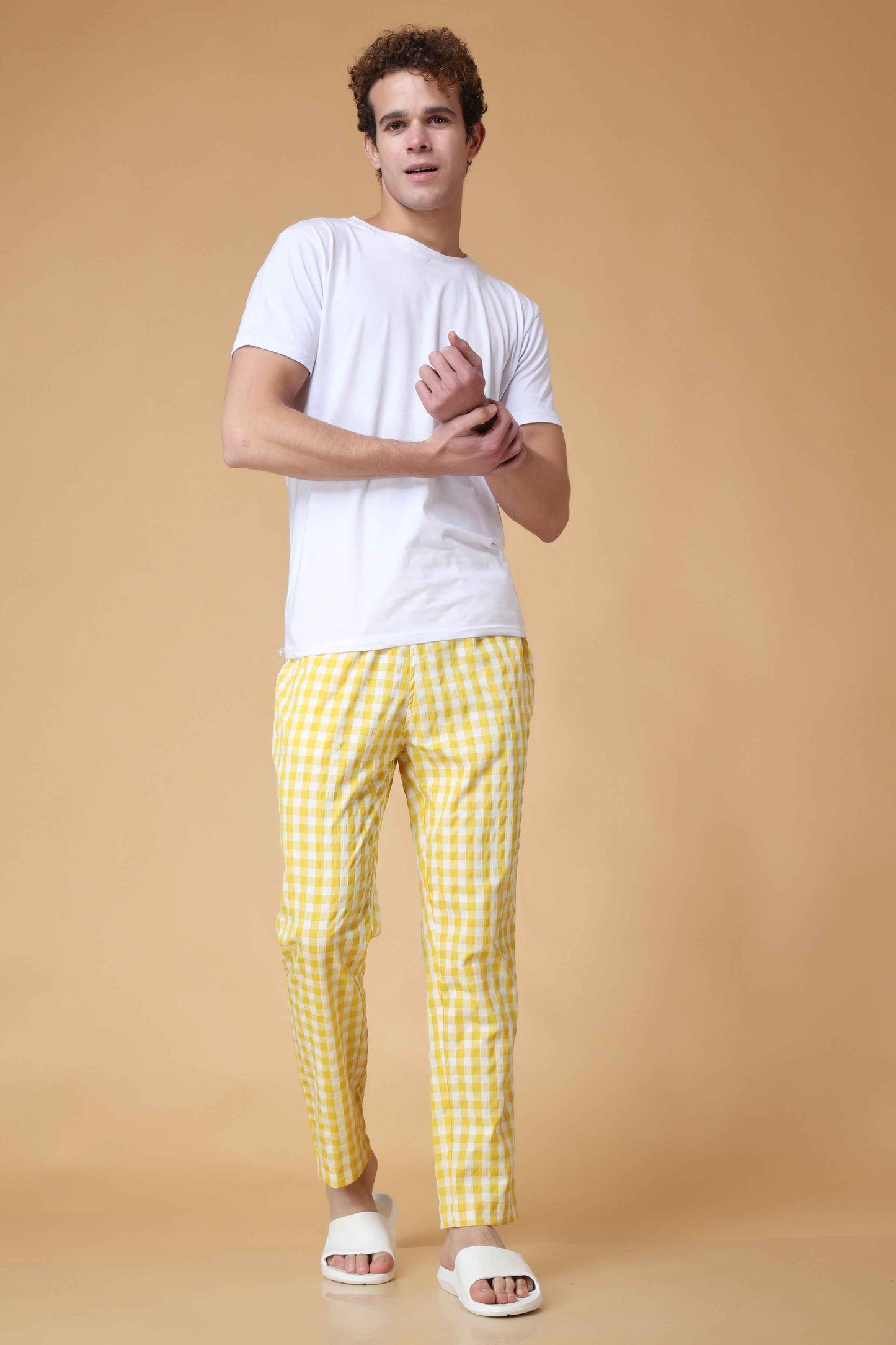 Buy Plus Size Candy Yellow Checked Cotton Pajama At Apella | Sizes XS to 10 XL | India | Free Delivery | Customized