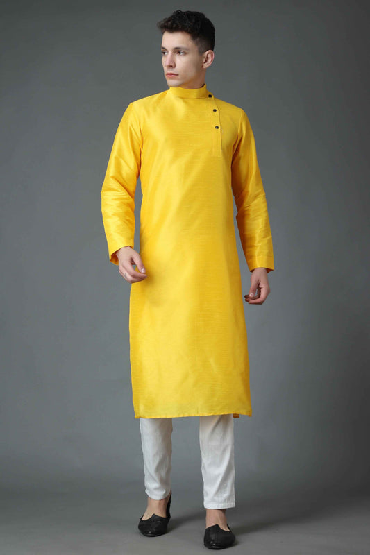 Buy Plus Size Amber Yellow Silk Kurta Pajama At Apella | Sizes XS to 10 XL | India | Free Delivery | Customized