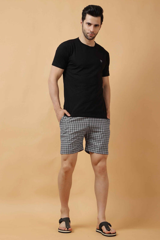 Buy Plus Size Black Grid Printed Cotton Shorts At Apella | Sizes XS to 10 XL | India | Free Delivery | Customized