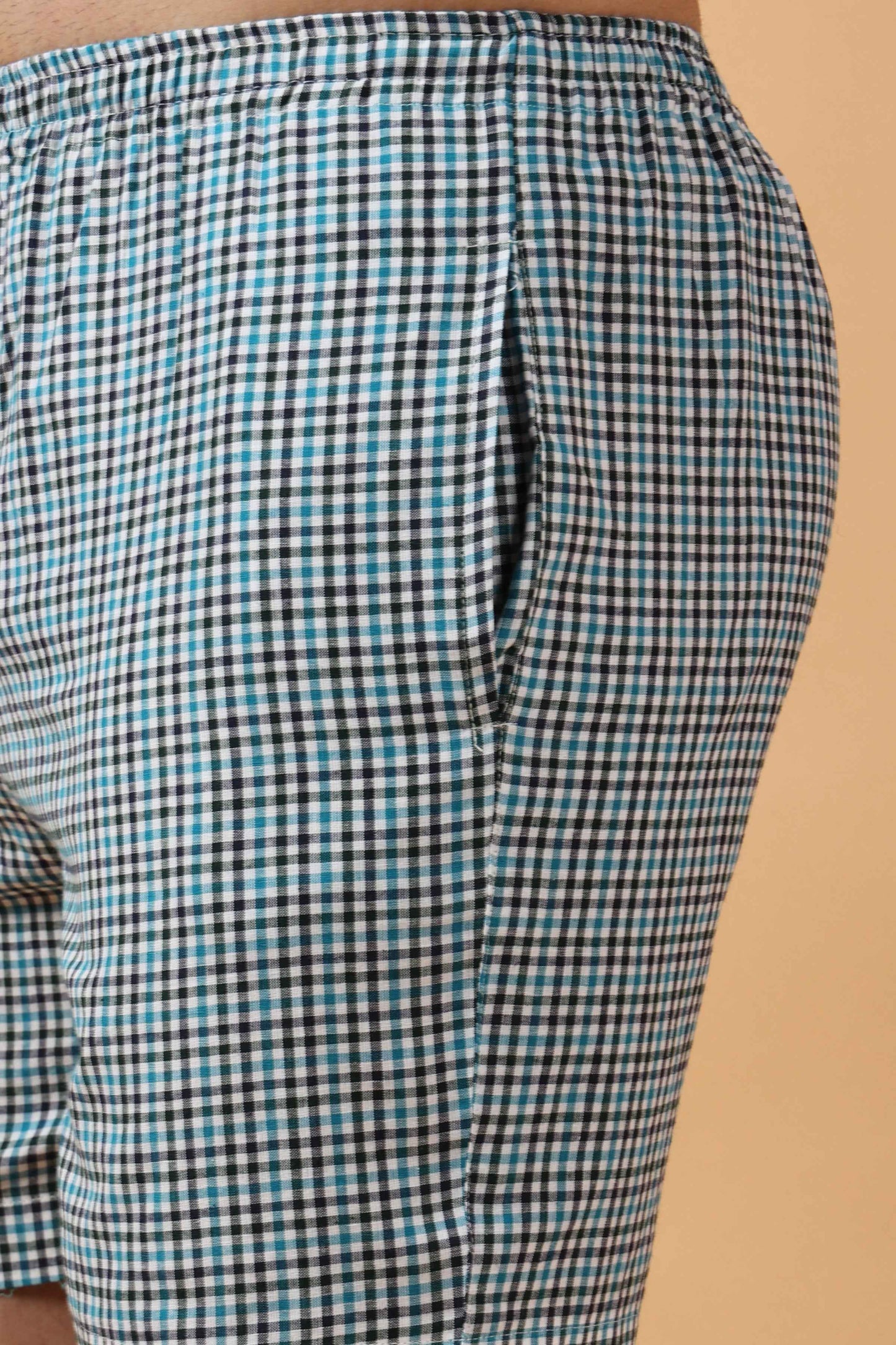 Buy Plus Size Misty Blue Checked Cotton Shorts At Apella | Sizes XS to 10 XL | India | Free Delivery | Customized