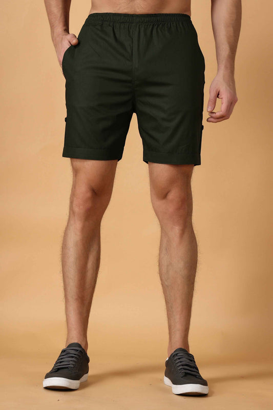 Buy Plus Size Bottle Green Cotton Shorts At Apella | Sizes XS to 10 XL | India | Free Delivery | Customized