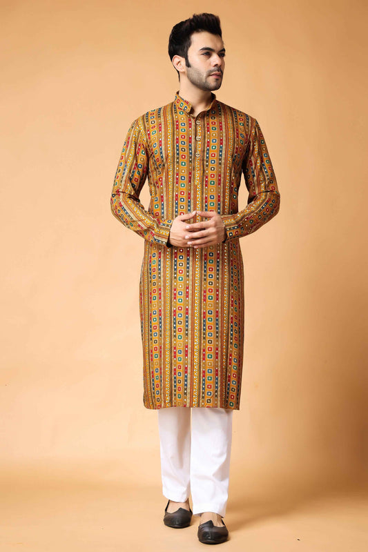 Buy Plus Size Mustard Meadow Printed Kurta Pajama At Apella | Sizes XS to 10 XL | India | Free Delivery | Customized