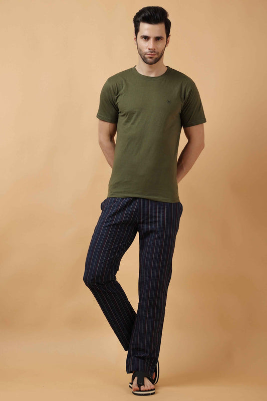 Buy Plus Size Navy Striped Cotton Dobby Pajama At Apella | Sizes XS to 10 XL | India | Free Delivery | Customized