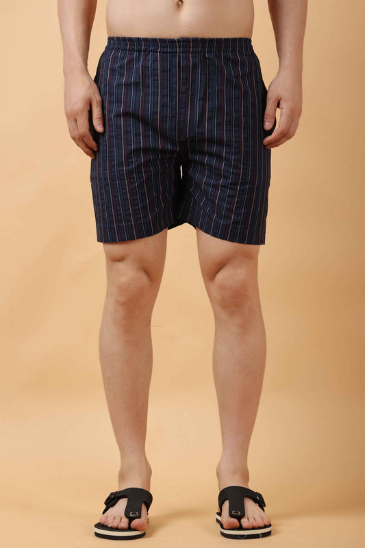 Buy Plus Size Navy Striped Cotton Dobby Shorts At Apella | Sizes XS to 10 XL | India | Free Delivery | Customized