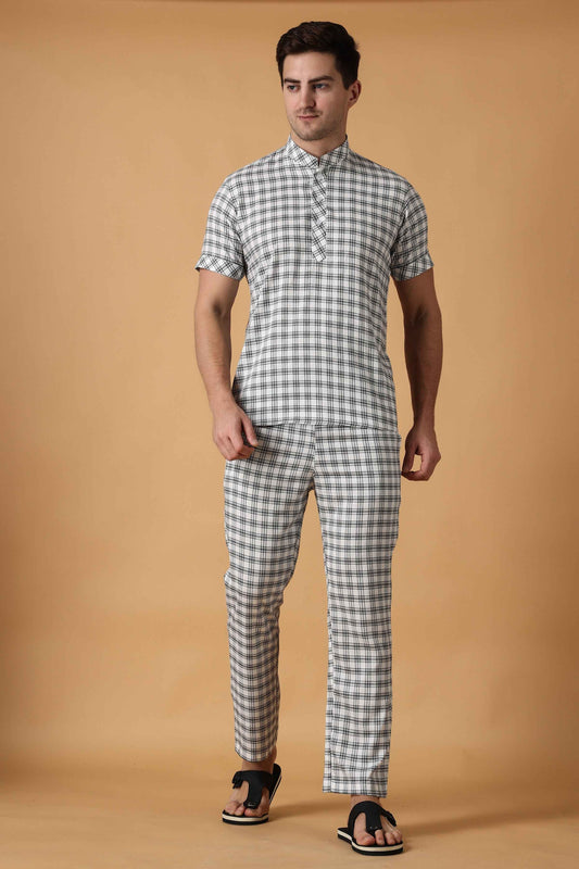 Buy Plus Size White Checked Lounge Wear Set At Apella | Sizes XS to 10 XL | India | Free Delivery | Customized