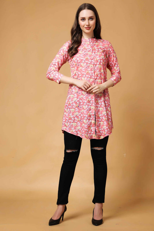 Buy Plus Size Pink Bouquet Modal Short Kurta At Apella | Sizes XS to 10 XL | India | Free Delivery | Customized