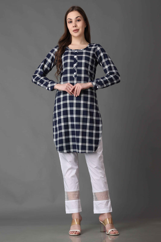 Buy Plus Size Twilight Blue Checked Short Kurta At Apella | Sizes XS to 10 XL | India | Free Delivery | Customized