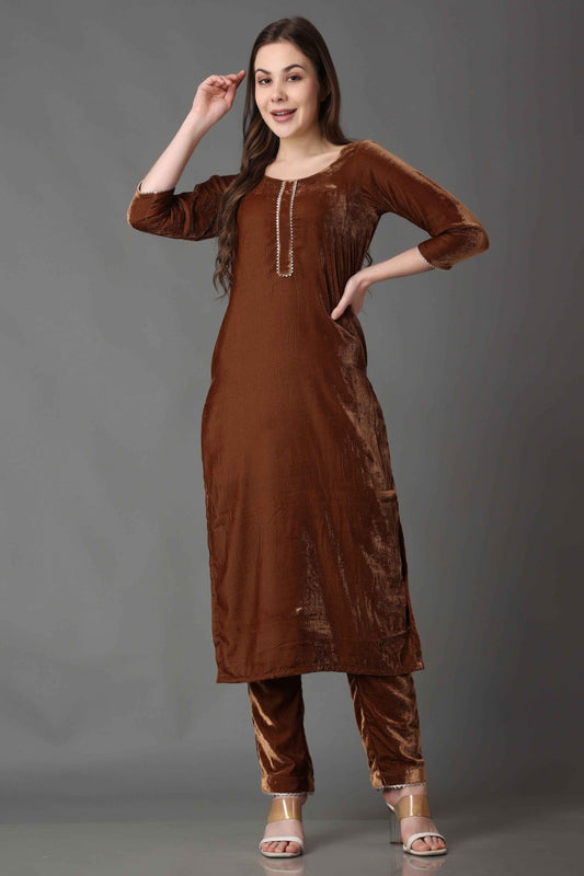 Buy Plus Size Brown Shimmer Velvet Suit At Apella | Sizes XS to 10 XL | India | Free Delivery | Customized