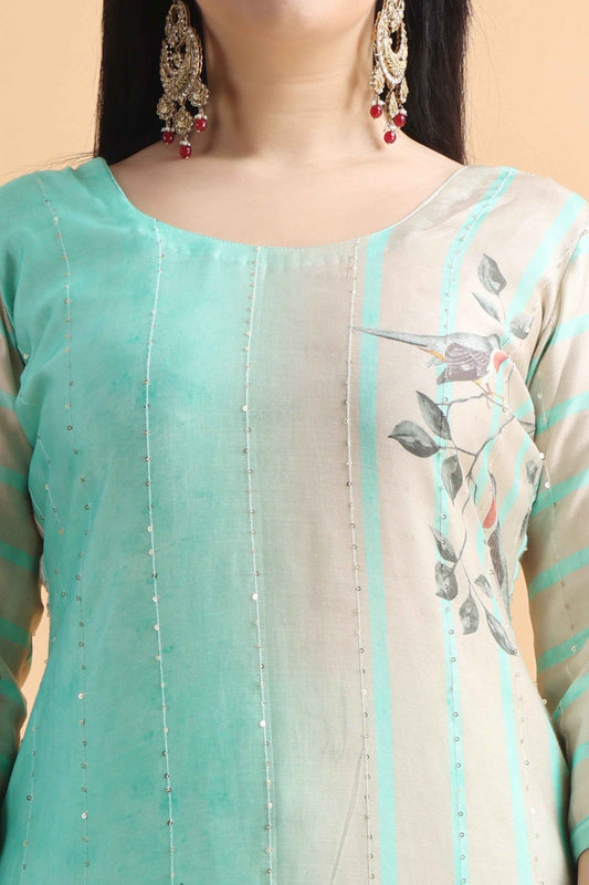 Buy Plus Size Salt Green Sequined Muslin Suit At Apella | Sizes XS to 10 XL | India | Free Delivery | Customized