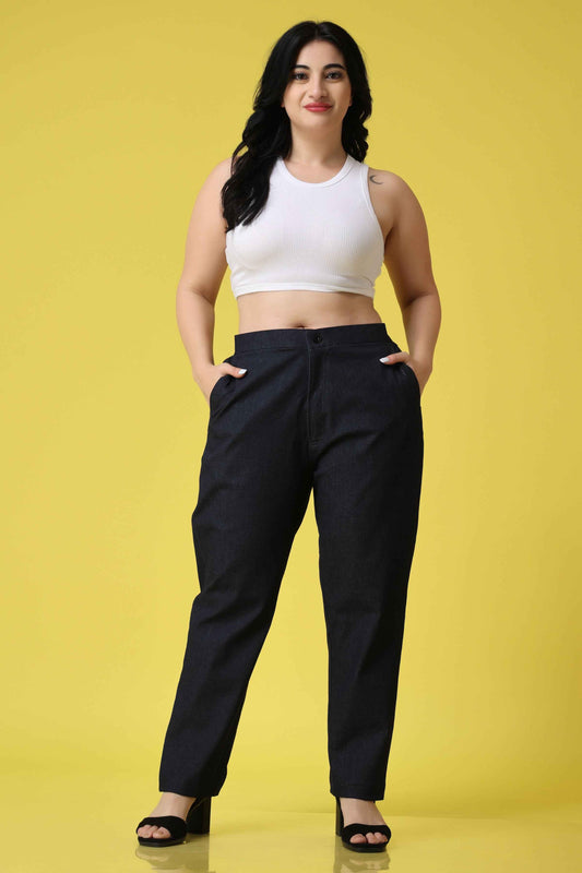 Buy Plus Size Navy Blue Cotton Denim Pants At Apella | Sizes XS to 10 XL | India | Free Delivery | Customized