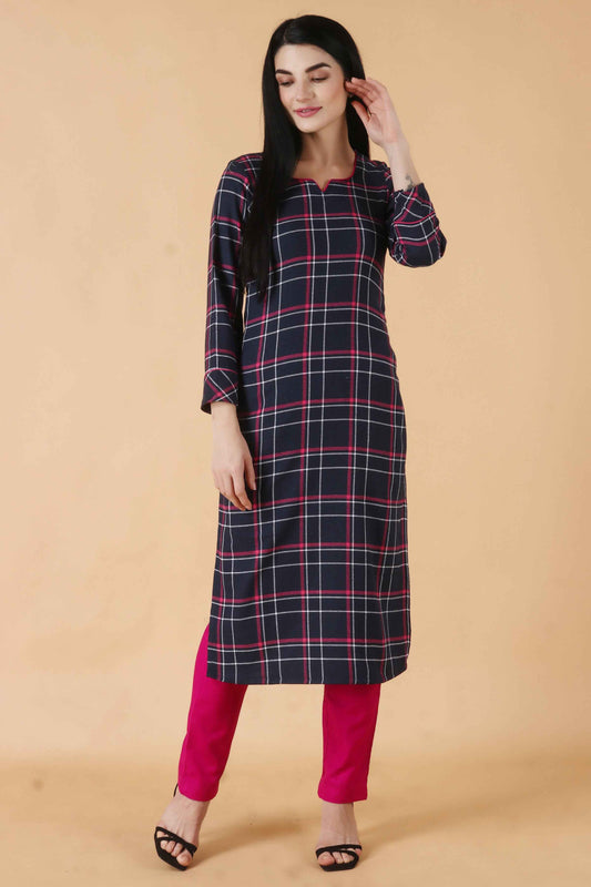 Buy Plus Size Blue Grid Woollen Kurta Set At Apella | Sizes XS to 10 XL | India | Free Delivery | Customized