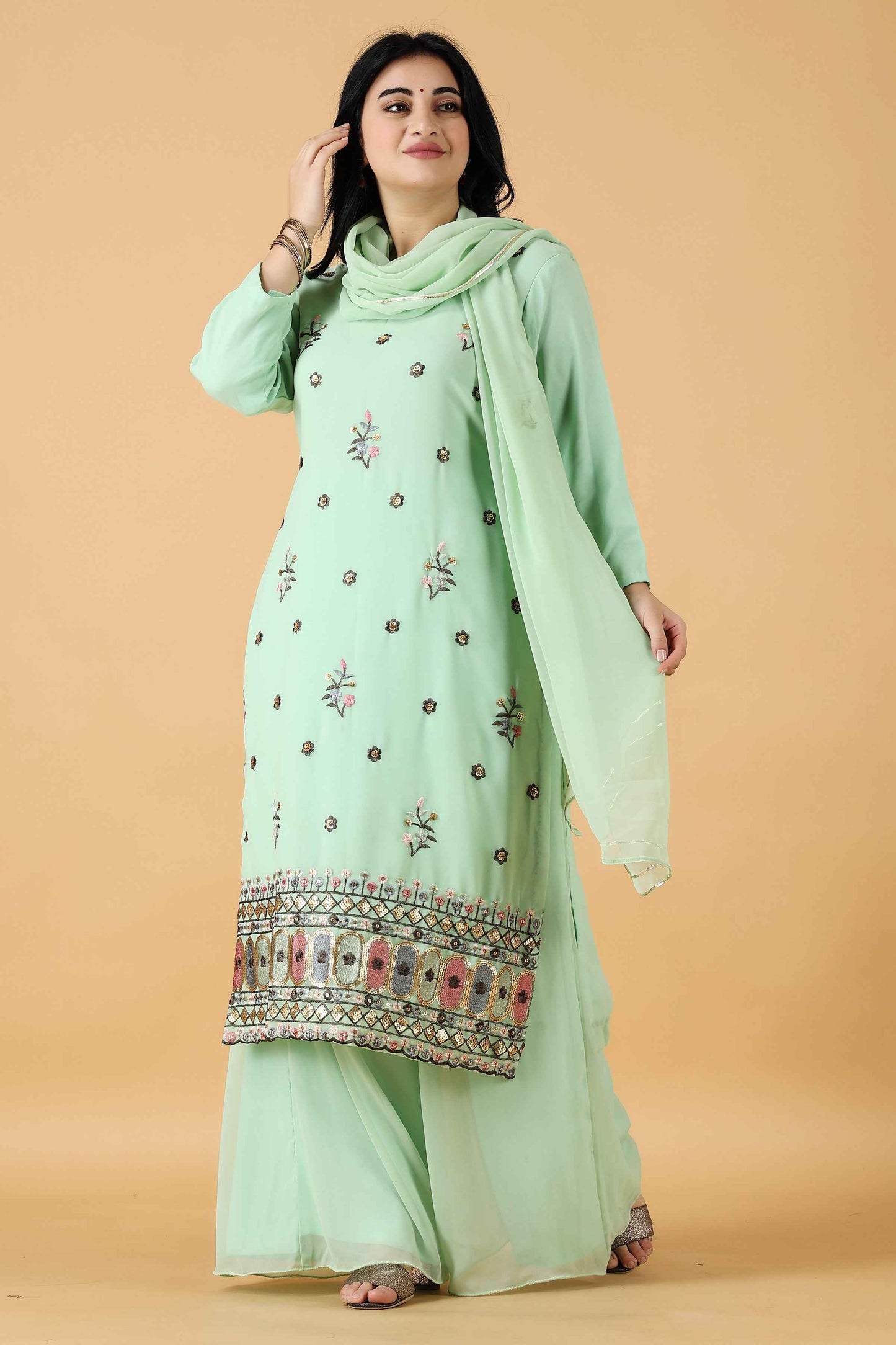 Buy Plus Size Celery Green Fancy Suit With Sequin Work At Apella | Sizes XS to 10 XL | India | Free Delivery | Customized