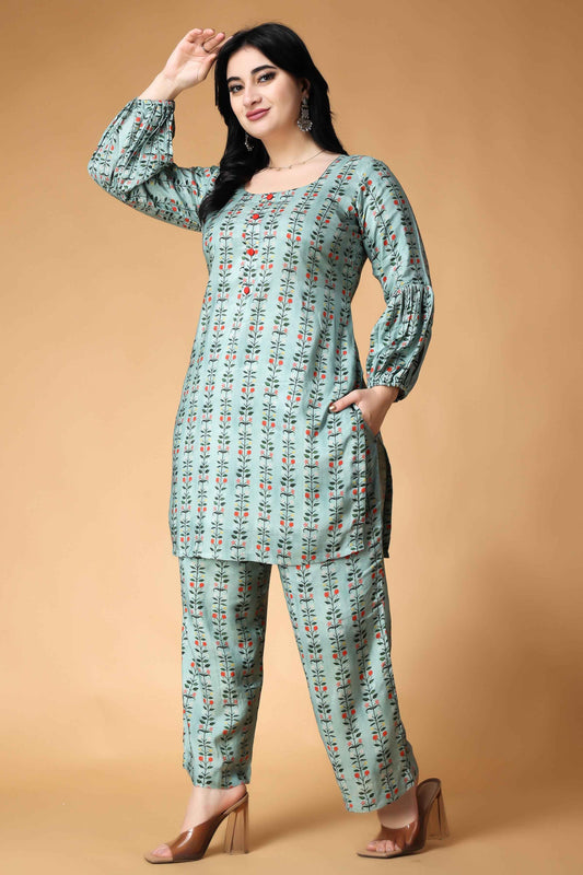 Buy Plus Size Mosaic Green Muslin Co-ord Set At Apella | Sizes XS to 10 XL | India | Free Delivery | Customized