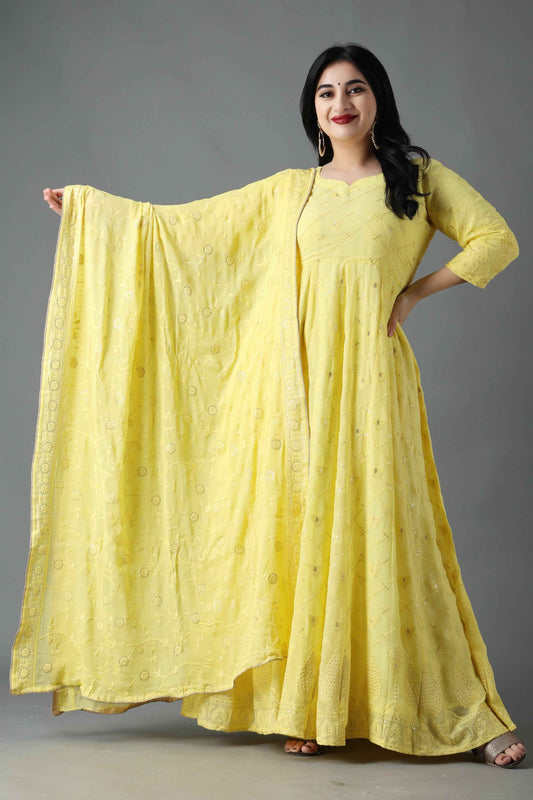 Buy Plus Size Lemon Sherbet Sequin Anarkali Dress At Apella | Sizes XS to 10 XL | India | Free Delivery | Customized