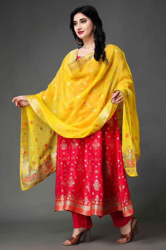 Buy Plus Size Merry Musings Tanjore Silk Anarkali Set At Apella | Sizes XS to 10 XL | India | Free Delivery | Customized