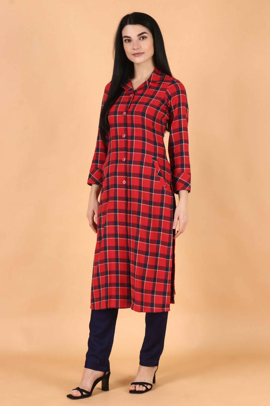 Buy Plus Size Red Checked Woollen Kurta At Apella | Sizes XS to 10 XL | India | Free Delivery | Customized
