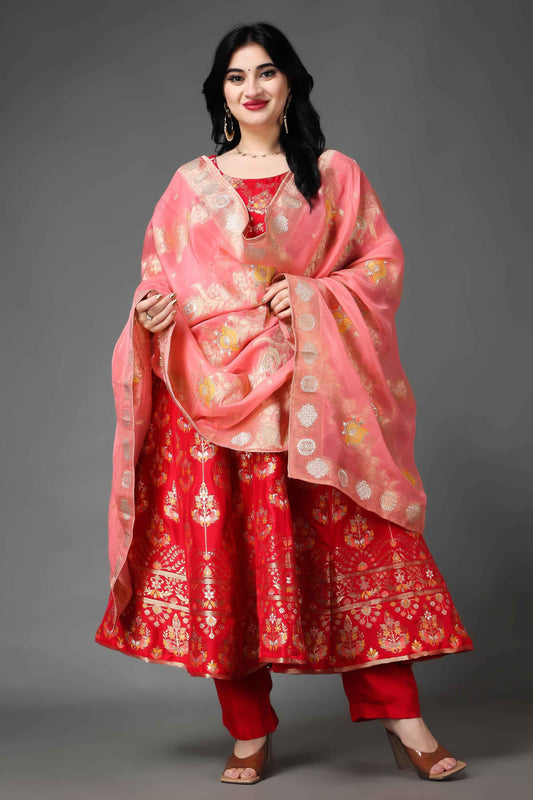 Buy Plus Size Fiesta Red Tanjore Silk Anarkali Set At Apella | Sizes XS to 10 XL | India | Free Delivery | Customized