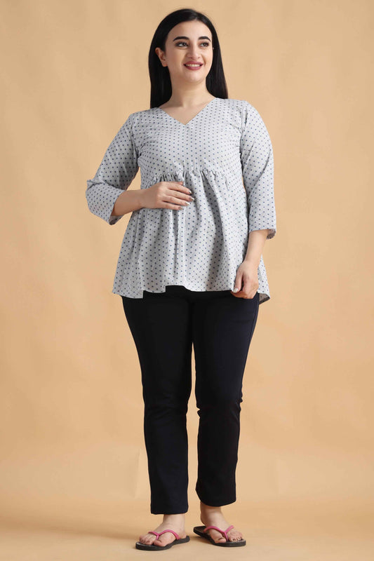 Buy Plus Size Blue Printed Maternity Top At Apella | Sizes XS to 10 XL | India | Free Delivery | Customized