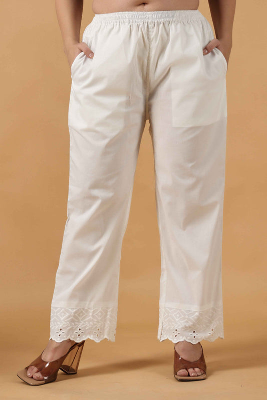 Buy Plus Size White Cotton Schiffli Pants At Apella | Sizes XS to 10 XL | India | Free Delivery | Customized
