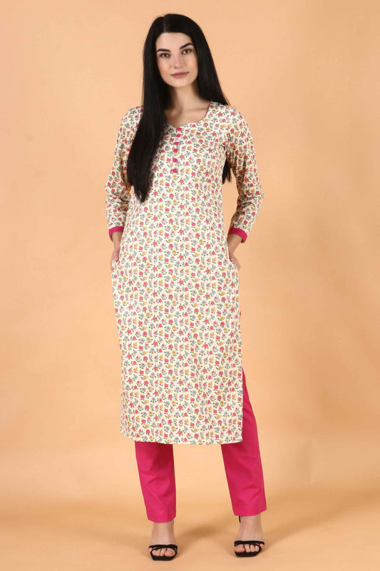 Buy Plus Size White Floral Corduroy Kurta Set At Apella | Sizes XS to 10 XL | India | Free Delivery | Customized