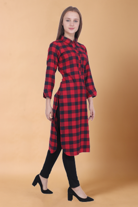 Buy Plus Size Red Grid Woollen Kurti At Apella | Sizes XS to 10 XL | India | Free Delivery | Customized