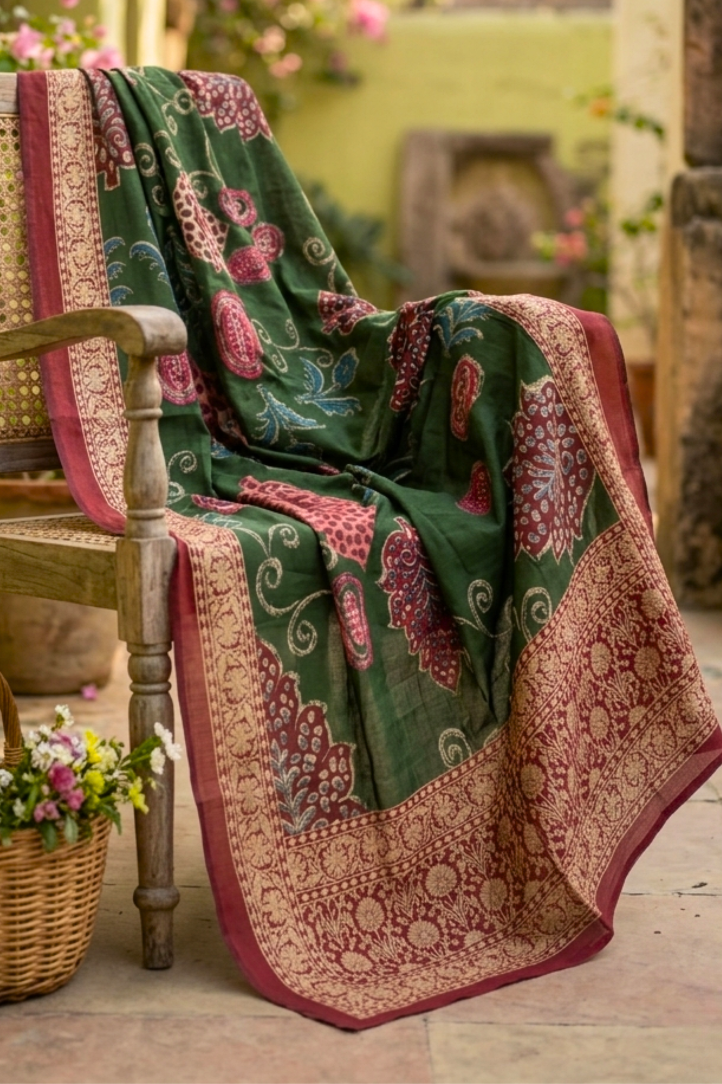 Bottle Green Floral Silk Dupatta
