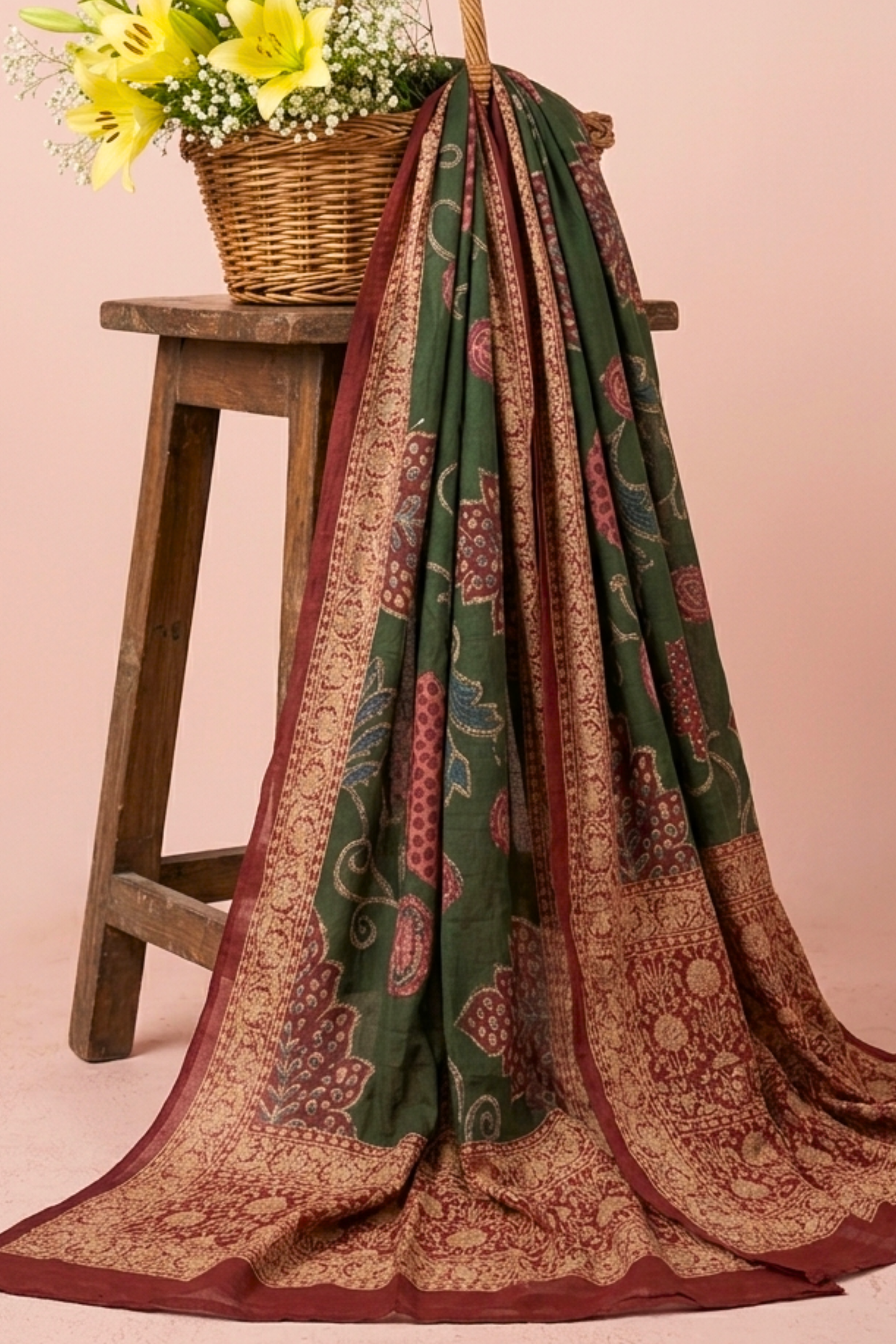 Bottle Green Floral Silk Dupatta