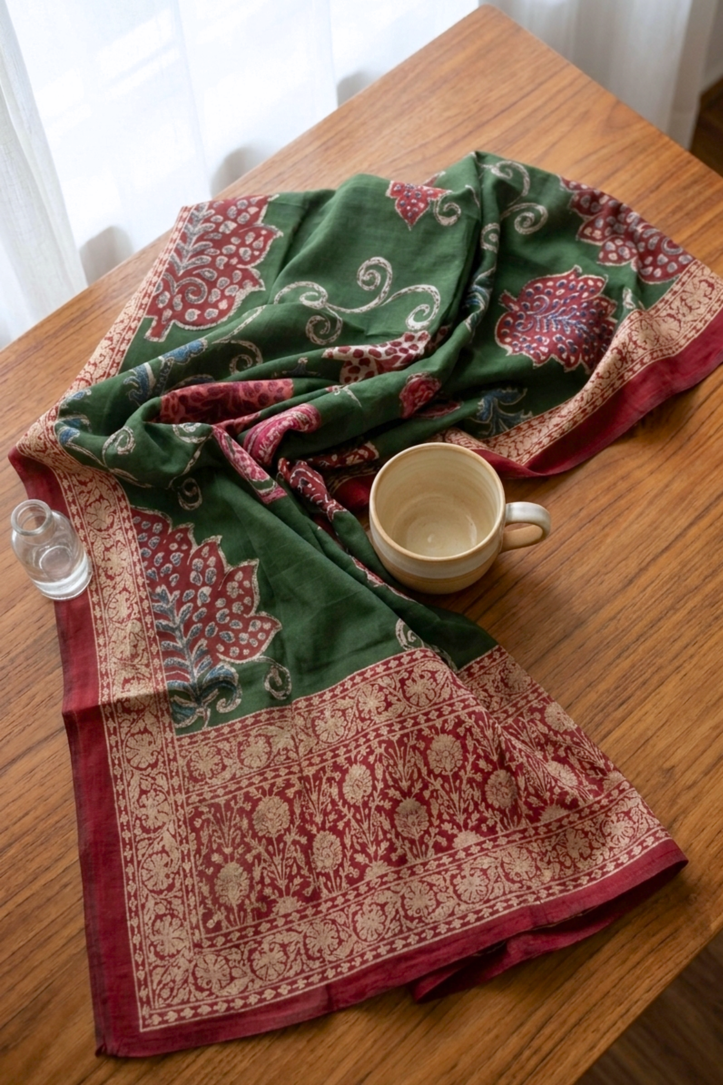 Bottle Green Floral Silk Dupatta