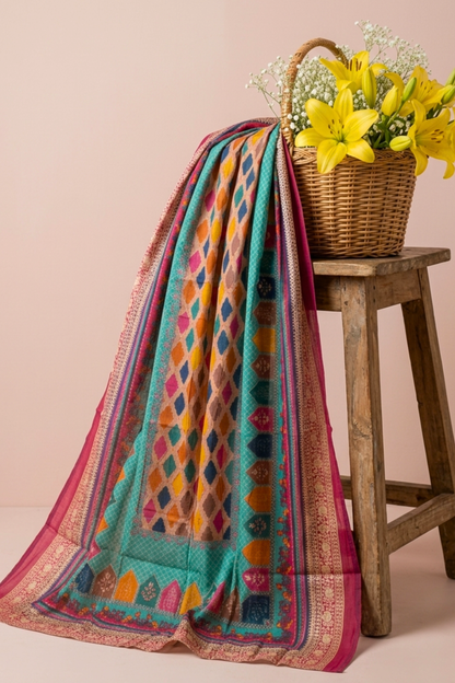 Firozi Traditional Print Silk Dupatta