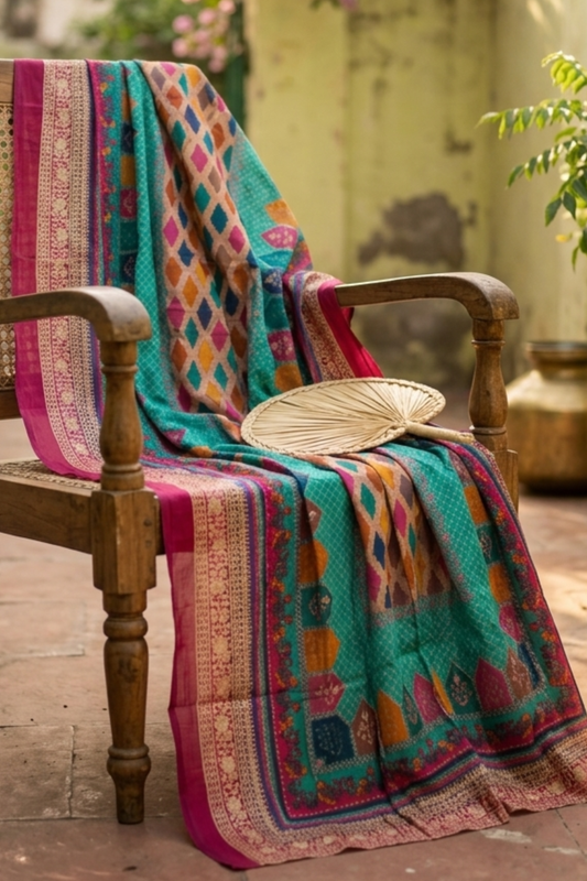 Firozi Traditional Print Silk Dupatta