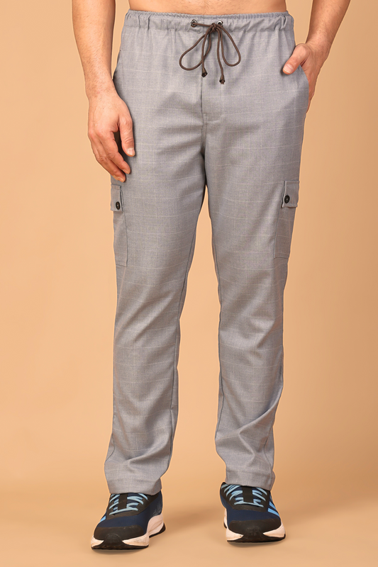 Silver Grey Checked Stretchable Cargo