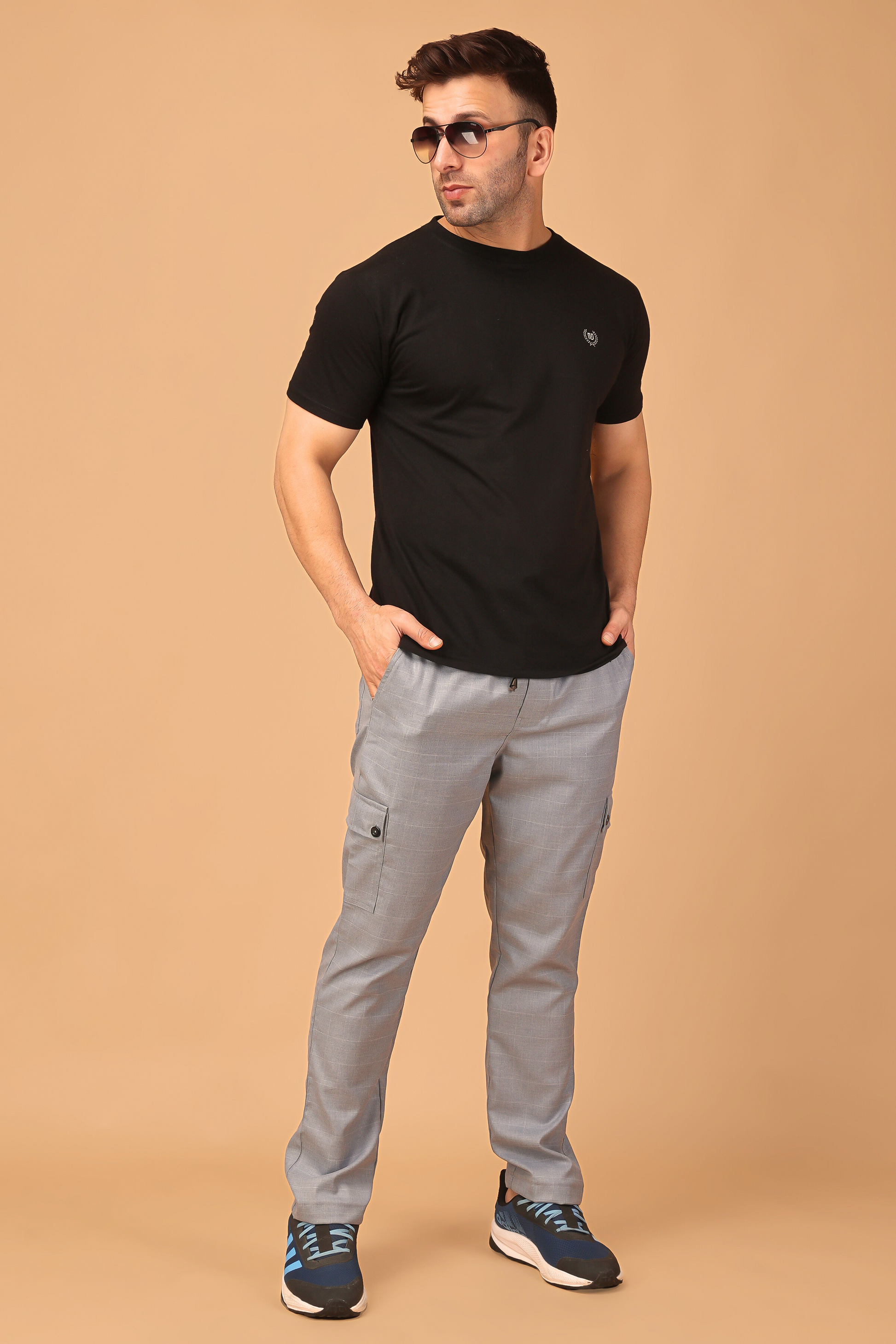 Silver Grey Checked Stretchable Cargo