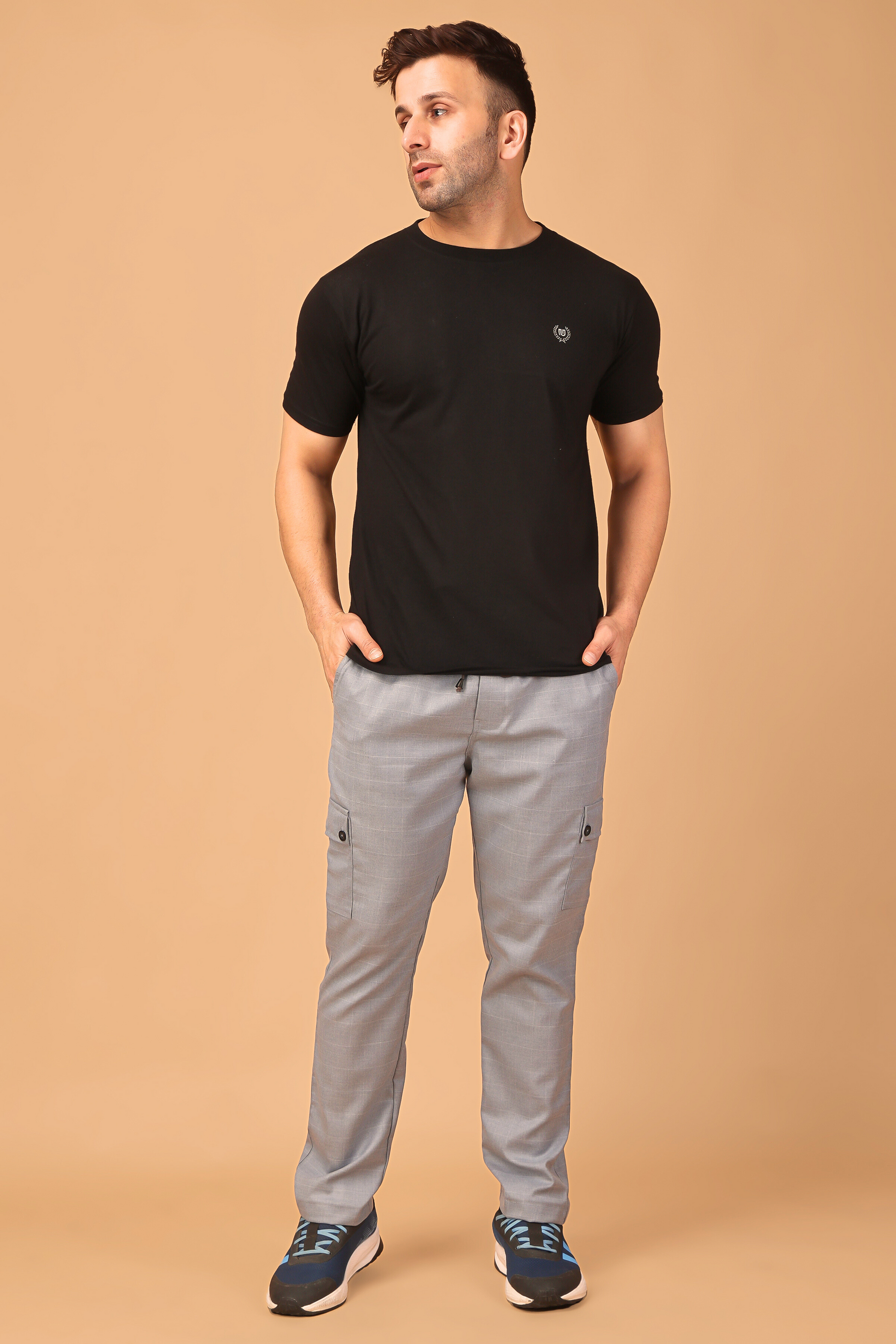 Silver Grey Checked Stretchable Cargo