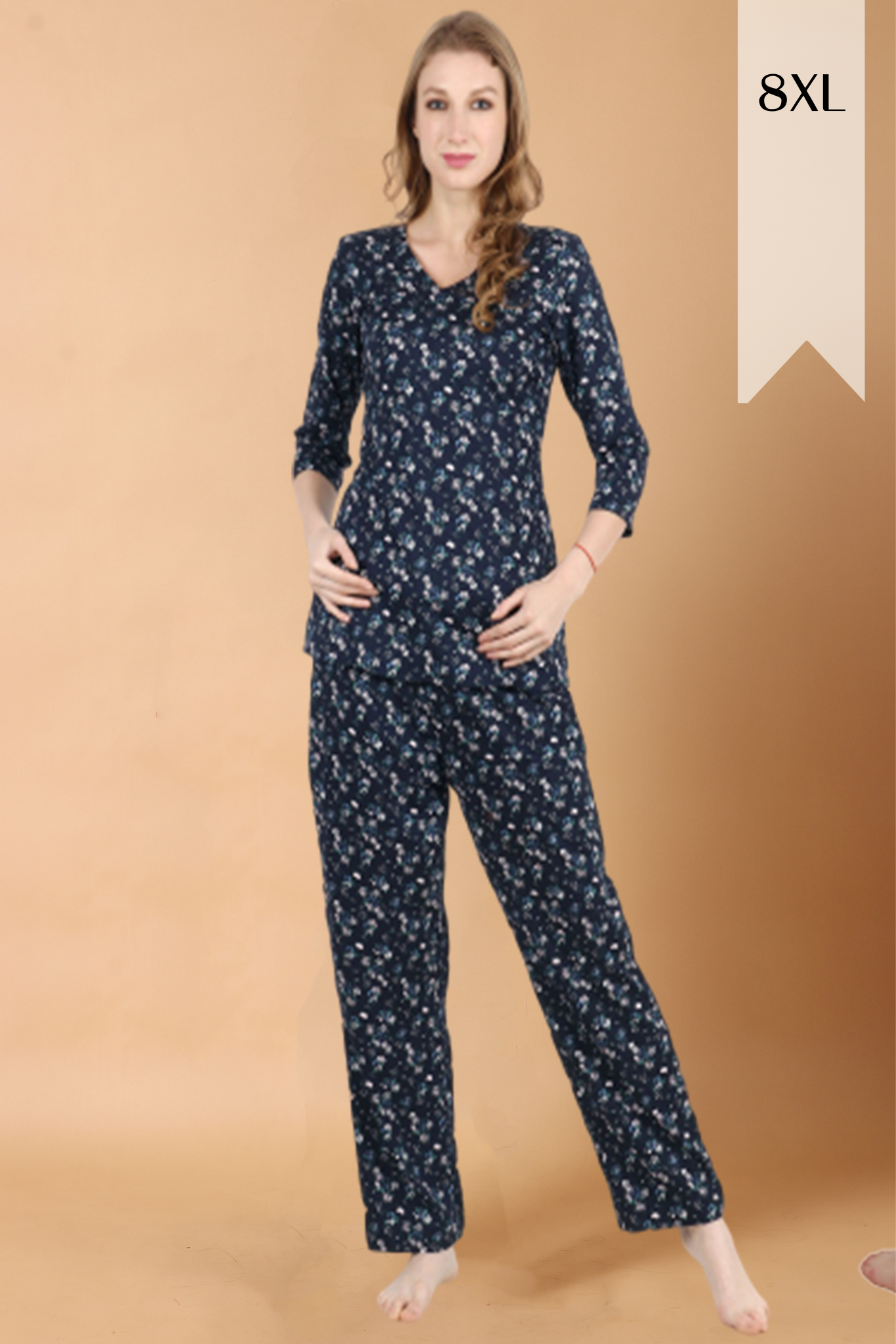 Navy Floral Rayon Night Suit