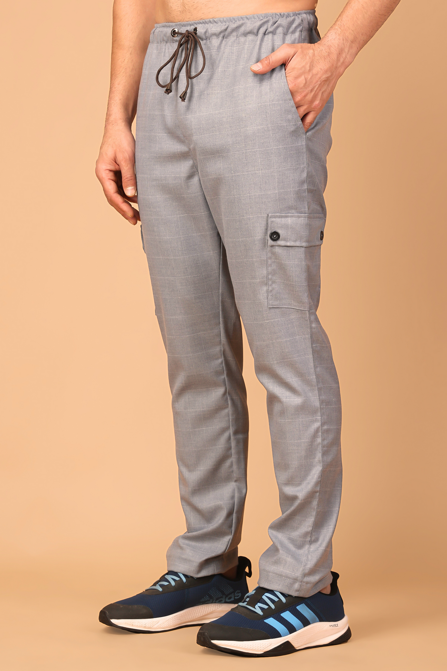 Silver Grey Checked Stretchable Cargo